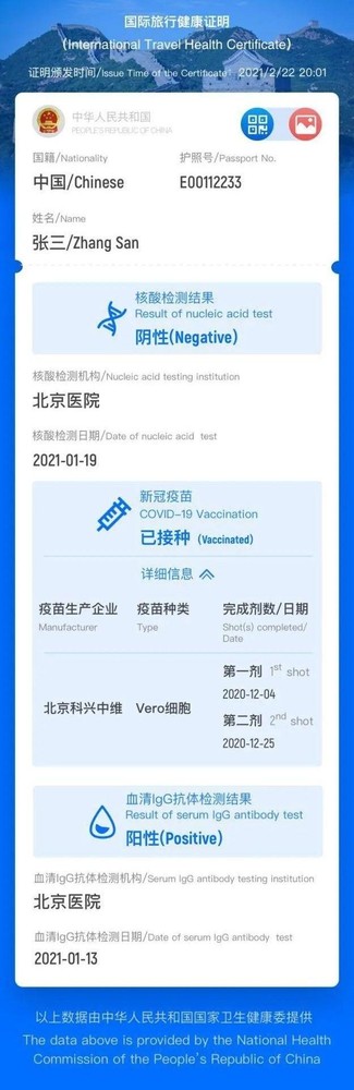 中国版“国际旅行健康证明”电子版样例